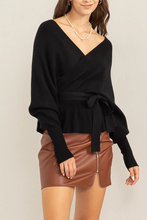 Load image into Gallery viewer, Women’s Wrap Knit Top – Deep V Surplice, Adjustable Waist Tie, Lantern Sleeves &amp; Ribbed Peplum Hem