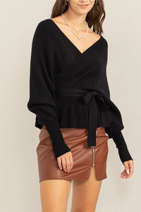 Women’s Wrap Knit Top – Deep V Surplice, Adjustable Waist Tie, Lantern Sleeves & Ribbed Peplum Hem