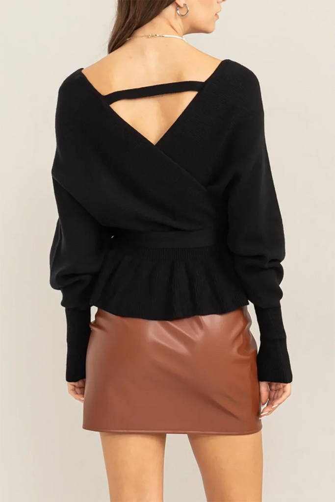 Women’s Wrap Knit Top – Deep V Surplice, Adjustable Waist Tie, Lantern Sleeves & Ribbed Peplum Hem