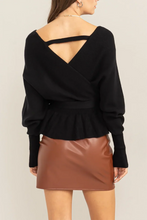 Load image into Gallery viewer, Women’s Wrap Knit Top – Deep V Surplice, Adjustable Waist Tie, Lantern Sleeves &amp; Ribbed Peplum Hem