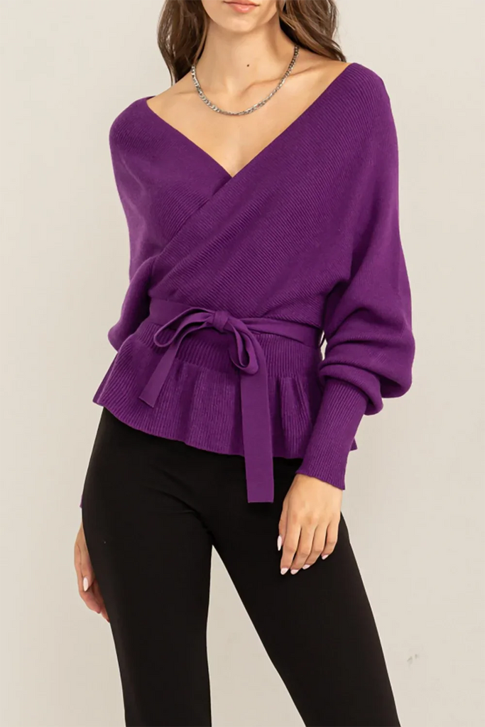 Women’s Wrap Knit Top – Deep V Surplice, Adjustable Waist Tie, Lantern Sleeves & Ribbed Peplum Hem