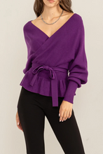 Load image into Gallery viewer, Women’s Wrap Knit Top – Deep V Surplice, Adjustable Waist Tie, Lantern Sleeves &amp; Ribbed Peplum Hem