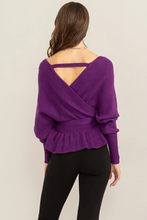 Load image into Gallery viewer, Women’s Wrap Knit Top – Deep V Surplice, Adjustable Waist Tie, Lantern Sleeves &amp; Ribbed Peplum Hem