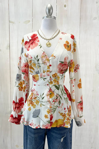 Women’s Floral Button-Front Blouse – V-Neck, Adjustable Tie Waist, Peplum Flare, Elastic Cuff Long Sleeves