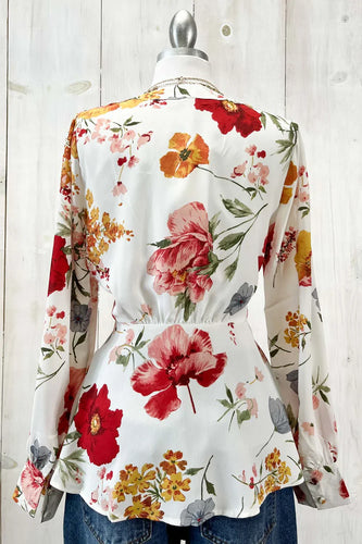 Women’s Floral Button-Front Blouse – V-Neck, Adjustable Tie Waist, Peplum Flare, Elastic Cuff Long Sleeves